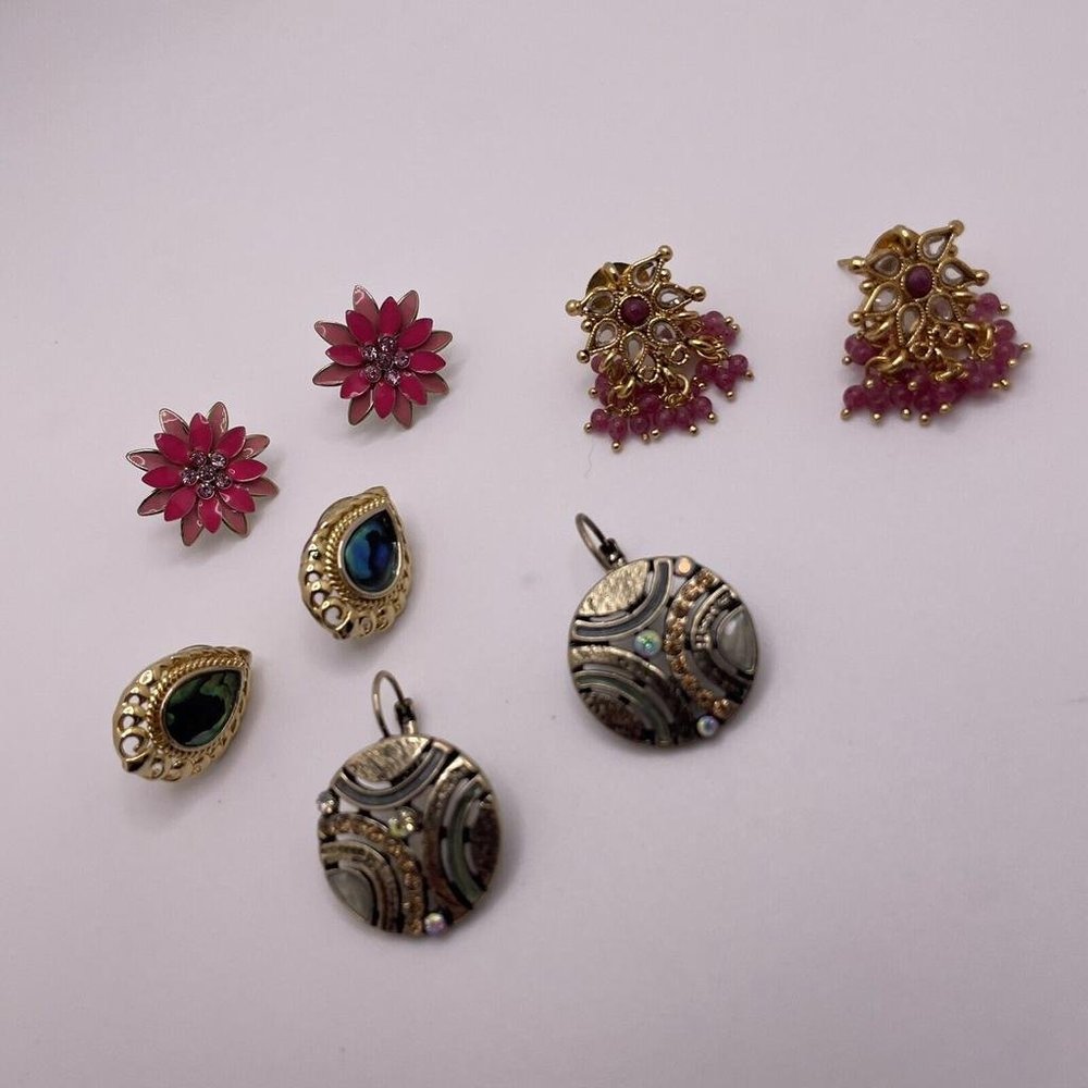 Lot Of 4 Pretty Pierced Costume Earrings Some Rhinestone One Pink Flower Pair